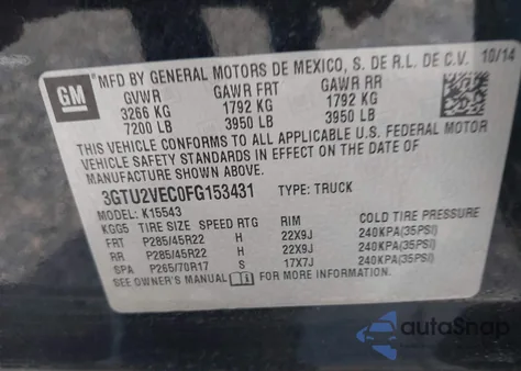 2015 GMC Sierra 1500 Slt from USA, damaged, VIN 3GTU2VEC0FG153431